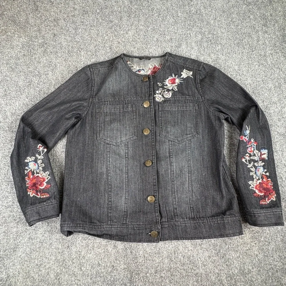 Vintage Hannah Denim Jacket Womens S Black Y2K Floral Embroidered Boho‎ Fairy